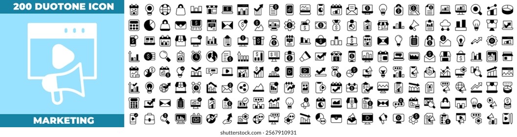 Marketing Duotone Editable Icons set. Vector illustration in modern thin duotone style of marketing icons: Communication, advertising, ecommerce, seo, content, product, target audience, etc