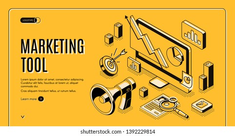 Marketing e-commerce, data analysis tool isometric web banner. Digital business content, column charts on computer screen. Social media network, internet technology. 3d vector landing page, line art