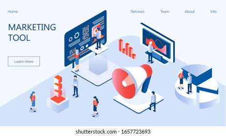 Marketing e-commerce, data analysis tool isometric vector for website. Digital business content, column charts on screen. E-mail marketing, product promoting, advertising campaign, digital promotion.