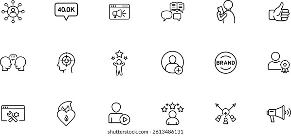 Marketing editable outline icon set. Influencer branding promotion engagement target and more.
