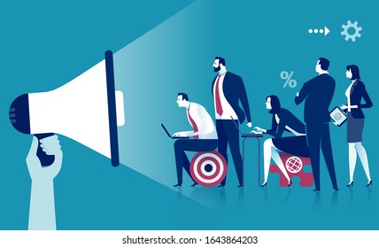 Marketing. Education. Business team listening a megaphone. Concept business illustration