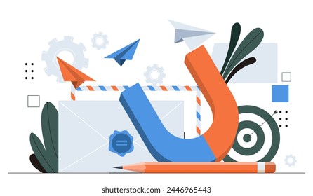 Marketing education concept. Magnet near colorful paper planes. Distant education and learning, training. Promotion on internet, advertising online. Cartoon flat vector illustration