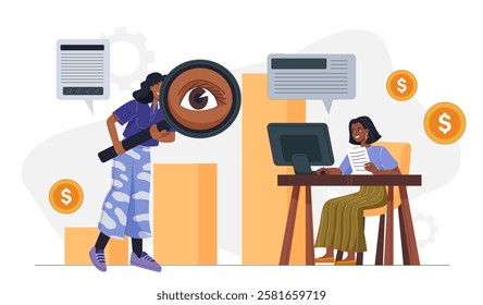 Marketing education concept. Women with magnifying glass near graphs and diagrams. Business courses and lecture. Education and training. Internship in company. Flat vector illustration