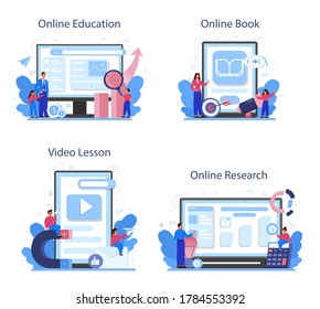 Marketing education course online service or platform set. Business promotion, customer communication and product advertising. Online education, research, book, lesson. Flat vector illustration