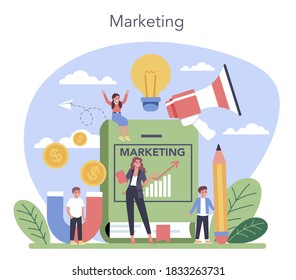 Marketing education school course. Business and sales strategy, customer communication and product advertising through social networks. Flat vector illustration