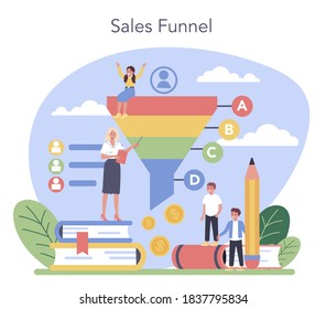 Marketing education school course. Business and sales strategy, customer communication and product advertising through social networks. Flat vector illustration