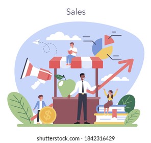 Marketing education school course. Business and sales strategy, customer communication and product advertising through social networks. Flat vector illustration