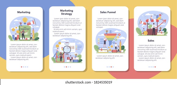 Marketing education school course mobile application banner set. Business and sales strategy, customer communication and product advertising through social networks. Flat vector illustration
