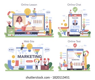 Marketing education school course online service or platform set. Business and sales strategy, customer communication. Online lesson, chat with professor, website, test. Flat vector illustration