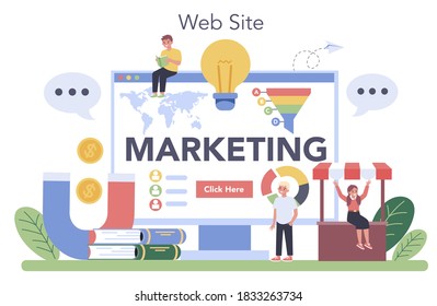 Marketing education school course online service or platform. Business and sales strategy, customer communication. Website. Flat vector illustration