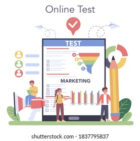 Marketing education school course online service or platform. Business and sales strategy, customer communication. Online test. Flat vector illustration