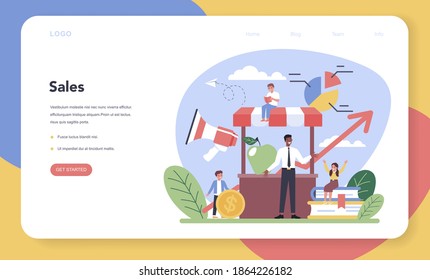 Marketing education school course web banner or landing page. Business and sales strategy, customer communication and product advertising through social networks. Flat vector illustration