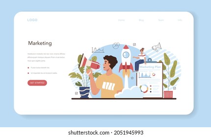 Marketing education school course web banner or landing page. Business promotion, customer communication and product advertising through social networks. Flat vector illustration