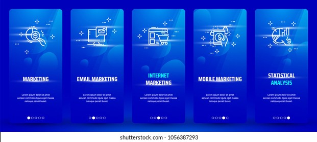 Marketing, Email Marketing, Internet Marketing, Mobile Marketing, Statistical Analysis Vertical Cards With Strong Metaphors. Template For Website Design.