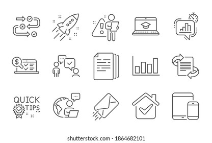 Los iconos de línea de contabilidad en línea, correo electrónico y marketing. Copiar documentos, consejos rápidos y carteles de educación del sitio web. Consultoría de negocios, diagrama de informes y símbolos de temporizador de estadísticas. Conjunto de iconos de línea. Vector