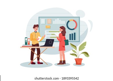 Marketing-Mitarbeiter analysieren Marketingdaten Vector Illustration Konzept. Flache Illustration einzeln auf weißem Hintergrund.