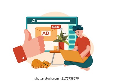 Marketing employee sending marketing mail from home. Remote Working Illustration concept.