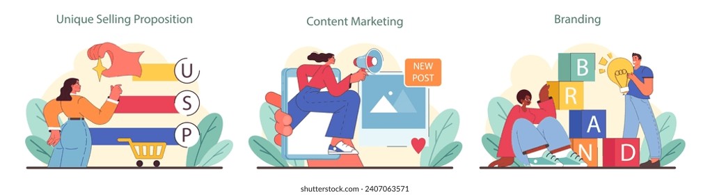 Marketing essentials set. Capturing unique selling propositions, crafting engaging content, and building strong brands. Visual strategy guide for effective niche marketing. Flat vector illustration.