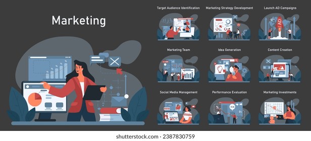 Marketing essentials set. Comprehensive stages of marketing workflow, from audience identification to investments. Diverse team, strategy planning, and execution. Flat vector illustration