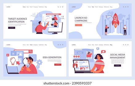 Marketing essentials set. Comprehensive stages of marketing workflow, from audience identification to investments. Diverse team, strategy planning, and execution. Flat vector illustration