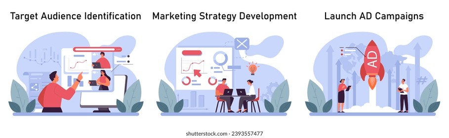 Marketing essentials set. Pinpointing the right audience, crafting effective strategies, and launching impactful ad campaigns. Comprehensive digital marketing roadmap. Flat vector illustration