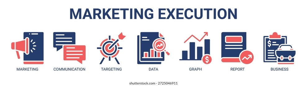 Ícone de vetor de banner da Web de execução de marketing com ícone de marketing, comunicação, direcionamento, dados, gráfico, relatório, negócios.