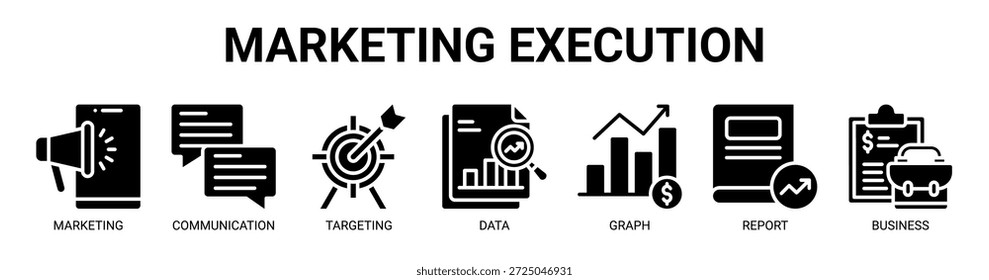 Ícone de vetor de banner da Web de execução de marketing com ícone de marketing, comunicação, direcionamento, dados, gráfico, relatório, negócios.