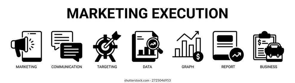 Ícone de vetor de banner da Web de execução de marketing com ícone de marketing, comunicação, direcionamento, dados, gráfico, relatório, negócios.