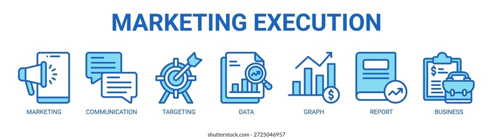Ícone de vetor de banner da Web de execução de marketing com ícone de marketing, comunicação, direcionamento, dados, gráfico, relatório, negócios.