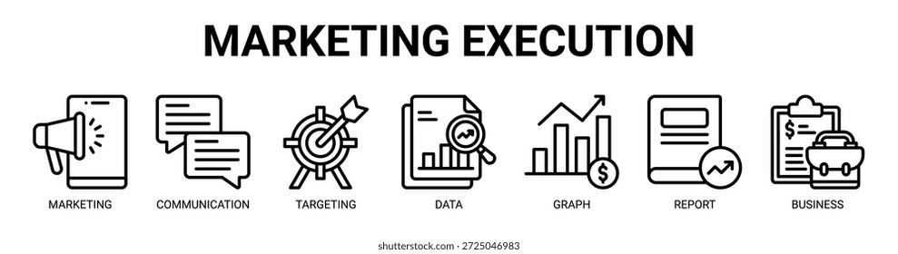 Marketing Execution web banner icon vector illustration concept with icon of marketing, communication, targeting, data, graph, report, business.
