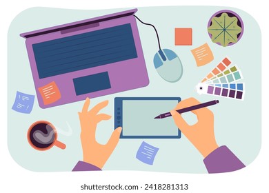 Marketing expert using tablet and laptop to create digital conctent. Top view. Vector illustration. Digital content creation studio concept