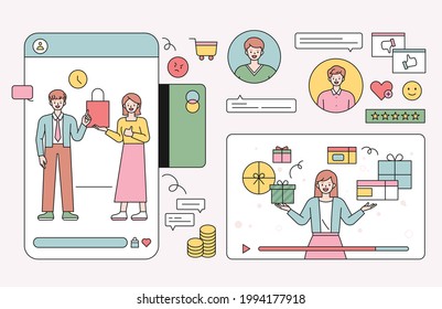 Marketing of famous influencers and reviews of followers. Shopping and review icons are arranged around mobile and web screens. flat design style minimal vector illustration.