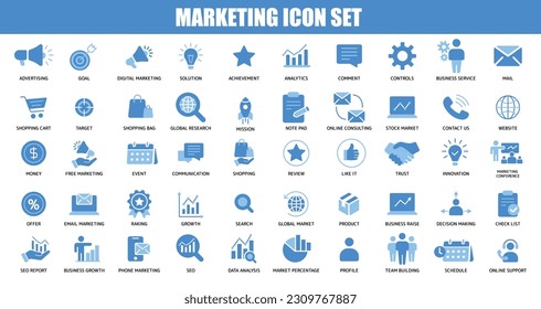 Marketing fill icon set of advertise, goal, target, shopping, research, mission, review, innovation, growth, data analysis and more. Collection of modern icon and pictogram.