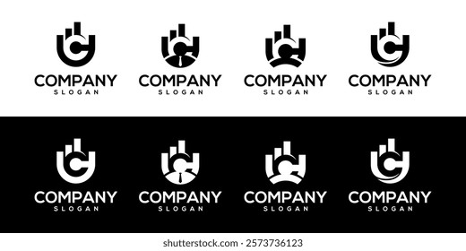 Marketing and finance business logo icon letter u or uc with bar chart and people.