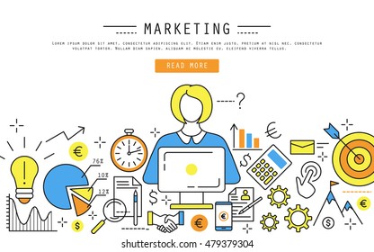 Marketing and finance linear web banner with woman with laptop and indicators of financial growth. Business success concept, vector illustration