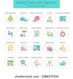 Marketing and finance. Set of flat, vector, linear icons. Seth contains icons such as money management, statistics, sponsors.