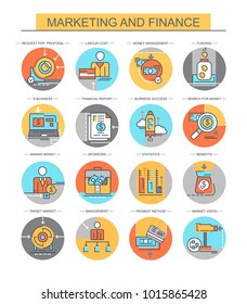 Marketing and finance. Set of vector flat icons. The set contains icons such as a sponsor, a vision of the market, statistics and others.