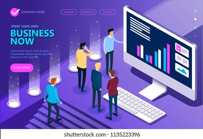 Marketing and finance vector isometric concept, Business people working together and developing a successful business strategy.