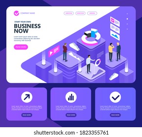 Marketing and finance vector isometric concept, Concept of a modern business site, Business people working together and developing a successful business strategy, Vector illustration