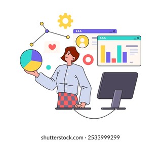 Marketing e finanças, mulher fazendo análise de dados, vetor de desenhos animados planos. O administrador financeiro investiga vendas, gráficos de bancos de dados e gráficos, apresentação gráfica. Consultor e auditoria de estatísticas