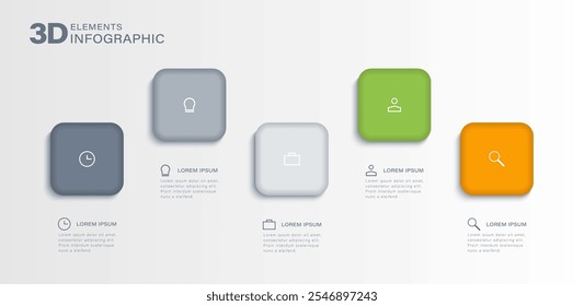 Marketing and financial infographics 3D design template. Modern vector 3D illustration. 5 steps or optional