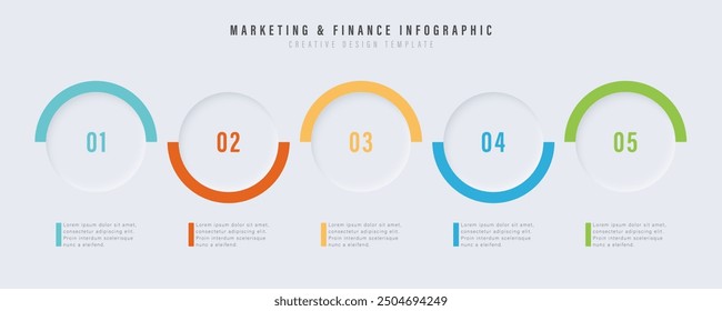 Marketing and financial infographics. 5 steps, instructions, promotion, multi-colored blocks for text instructions. Vector illustration