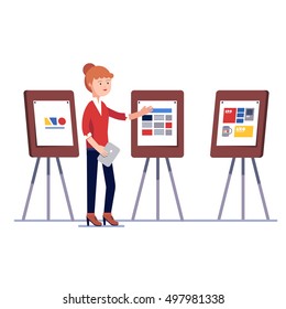 Marketing firm graphic designer showing trademark logotype and corporate identity branding design project on a presentation boards easels. Flat style vector illustration isolated on white background.