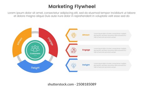 Infografía de marco de modelo de volante de inercia Plantilla de etapa de 3 puntos con ciclo circular y pila de contenedores de forma hexagonal para Vector de presentación de diapositivas