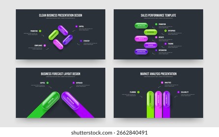 Previsión de marketing Cuatro Cinco Dos Dos Diagrama de tres elementos Presentación de diapositivas Plantilla Ilustración vectorial Colección. Visualización moderna 4 5 2 Paquete de diseño de presentación infográfica de 3 pasos.