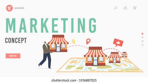 Marketing, Franchise Business Concept Landing Page Template. Tiny Male Character Put Kiosk On Huge Map. Businessman Start Small Enterprise Expansion With Home Office. Cartoon Vector Illustration