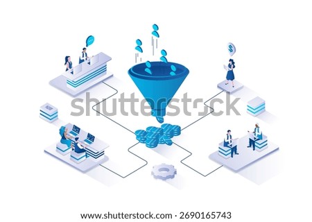 Marketing funnel 3d isometric concept with isometry people design for web. Team attracting new customers and generating sales flow, using lead generations strategy with cone. Vector illustration.