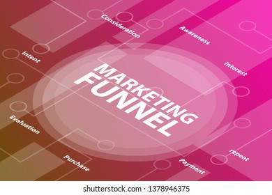 marketing funnel business words isometric 3d word text concept with some related text and dot connected - vector illustration