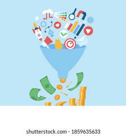 Marketing funnel concept. Purchase or sales funnel idea. Vector business illustration in flat style