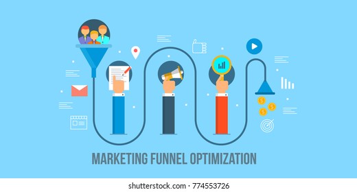 Marketing funnel, conversion rate optimization, Business funnel strategy flat vector illustration with icons